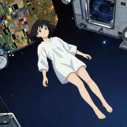 a lonely girl floating in a spacestation, akihito yoshida, gustav klimt, yuya nagai, Ilya Kuvshinov, murata range, jean giraud, makoto shinkai, kawaii, muted colors,matte, high saturation, detailed, fantasy, 1990s
