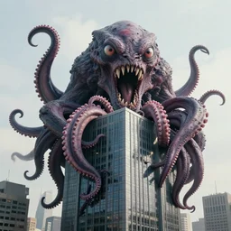 A very giant Kraken-like multi-eyed monster jumped up with its jaws on a high-rise office building and wrapped his tentacles all around him. High detail, front view, photorealism, concept art, octane render, zoom, 8k