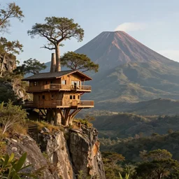 a modern treehouse made on baobab teee on the side of a cliff in madagascar, next to an enormous volcano, artstation, an epic fantasy, cinematic lighting, hyper realistic, photographic, m, by greg rutkowski and wolp