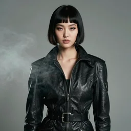 moody, youthful asian blade runner demure, 3 5 mm, exquisite features, feminine cut, pris mascara, 1 9 9 0's frontiers in flight leather suit, roger deakins, smoke, grain, misty, id magazine photoshoot