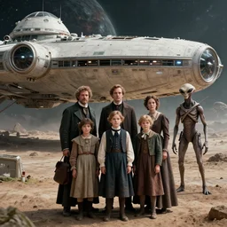 sharp, highly detailed, 68719476736k film still from a sci fi blockbuster color movie made in 2019, set in 1860, of a family standing in front of a spaceship that has just landed on an alien planet, a humanoid alien creature stands nearby, the family are all wearing 1860s era clothes, in focus, good lighting, good photography, ultra high definition