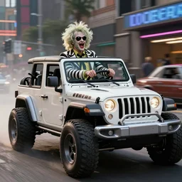 beetlejuice from the howard stern show driving a power wheel jeep, from the new fast and furious movie, movie still, fun, action, 8 k