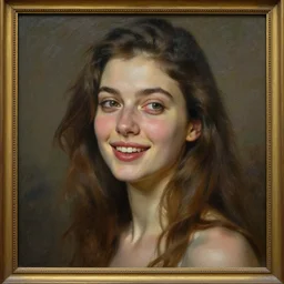 gorgeous beautiful woman, slight nerdy smile, slightly open mouth, looking away from camera, framed painting, hyperrealism vrubel