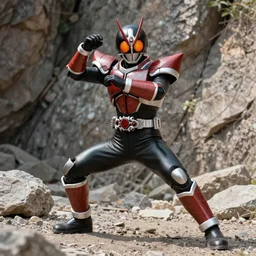 High Fantasy Kamen Rider doing a henshin pose, single character full body, 4k, rock quarry location, vibrant colors, daytime, action scene, glowing eyes, rubber undersuit, fantasy inspired segmented dragon armor made out of pvc plastic, ultra realistic, high quality, cinematic