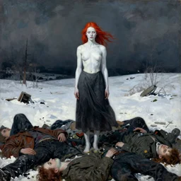 a surrealist painting of a lonely woman with white skin and red hair, standing over pile of bodies in post apocalyptic snowy landscape, painted by beksinski