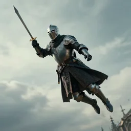 a movie scene with The Knight’s Templar flying, low angle shot