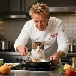a kitten cooking in front of gordon ramsay, high quality photography, still of hell kitchen
