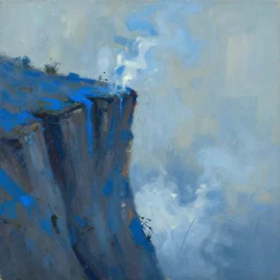 a cliff smeared with soaking blue blood steaming, perturbed view, Greg Rutkowski, 4mm brush strokes, randomized