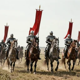 army of fantasy knights some  caring red banners  mounted on armored warhorses  . Scenic view daylight, underexposed, clean horizon, matte painting by craig mullins and dan mumford, cinematic, high fantasy, style of game of thrones, concept art trending on artstation, 4k, insane details