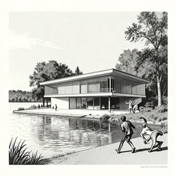 illustration of a lakeside home by zaha hadid, ( ( karolis strautniekas ), loish, christopher balaskas, detailed, dynamic pose, halftone shaded, matte print, editorial illustration, risograph