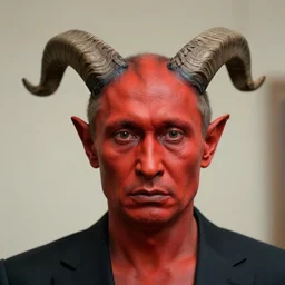 portrait of vladimir putin in the form of a devil, with goat horns, red skin and a look of fear on his face