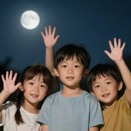 digital portrait of cute little kids waving their hands, matte colors, night time, photorealistic faces and skin tones, volumetric lighting, smooth, trending on artstation, moonlit backdrop, 4 k, 8 k