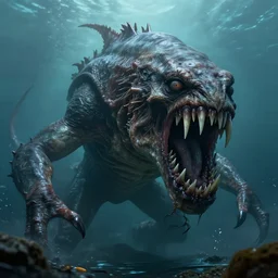terrifying sea creature, big teeth, ominous, scary, horror, realistic, digital art, photorealism, trending on artstation