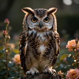 an owl staring into your soul, rose garden, back lit, rim lighting, volumetric lighting, imposing, uneasy, cinematic, dramatic lighting, ray tracing, Arthur Rackham, 4k,8k, octane