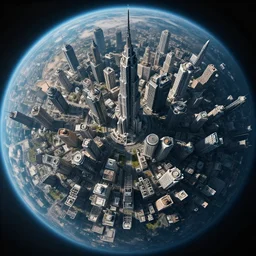 aerial movie shot of a dense sci-fi city covering the entire planet