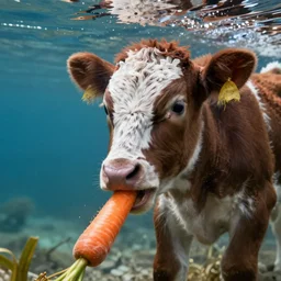 A scottish highlander calf eating a carrot underwater, award-winning photograph, 8K, HD