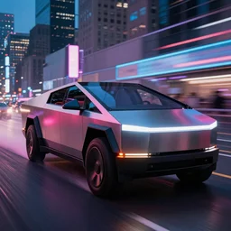 ultra realistic and intricate detailed photograph of tesla cybertruck while racing on a neon race, new york city, movie shot, innovation, depth of field, ambient lighting, award winning, stunning