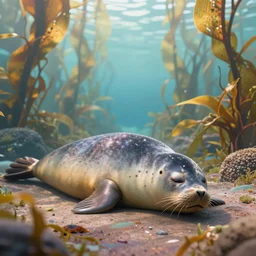 Prince in pastel!!!!, A seal sleeping peacefully in a kelp forest, cinematic, hyper realistic, detailed, 8k, octane render.