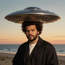 an ufo on top of the weeknd by da vinci, digital art, classical painting, sharp focus, sunset beach, 4 k, restored