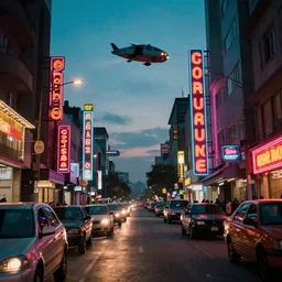 photograph of a neon lit - african urban street - with flying vehicles,
