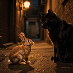 a slender rabbit is talking with a big cat in a dark alley, warm color palette, pov, night time, dramatic lighting, noir film, fine details, high contrast, blacksad, kim jung gi, greg rutkowski, trending on artstation, 8 k, ultra wide angle