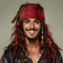 portrait of a young ruggedly handsome but joyful pirate, male, masculine, soft hair, upper body, red crimson crimson hair, long long flowing hair, fantasy, wide smirk, intricate, elegant, highly detailed, digital painting, artstation, concept art, matte, sharp focus, illustration, art by artgerm and greg rutkowski and alphonse mucha