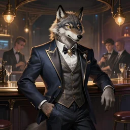photograph of a male anthropomorphic wolf fursona wearing a ritzy suit at a cyberpunk bar, deep focus, intricate, elegant, highly detailed, digital painting, artstation, concept art, matte, sharp focus, illustration, d & d, fantasy, hearthstone, art by artgerm and greg rutkowski and alphonse mucha