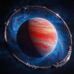 movie still frame, sci - fi alien megastructure of metal rings around red striped planet, a blue shining nebula in the background, beautiful composition, 8 k, cgi, by ridley scott, zack snyder and michael bay