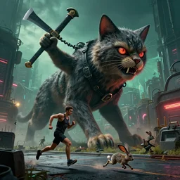 huge 🐈 hunting 🔪, by mark ryden in cyberpunk environment, 4 k ultra high resolution, 🐈 🏃 🐭🏃, horror, long camera shot, tiny 🐭 fleeing ❗