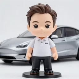 a anime nendoroid of elon musk wear white polo shirt and black shoe, car tesla 3, figurine, product photo, detailed