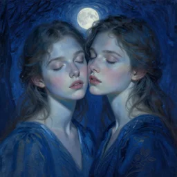 portrait of two beautiful girls, intimate, moonlight, eyes closed, faded shades of blue, beautiful face, rule of thirds, intricate outfit, spotlight, by greg rutkowski, by jeremy mann, by francoise nielly, by van gogh, digital painting