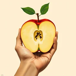 diagram of hand holding a large apple cut in half showing seeds, limited neutral palette, by pascal campion, petros afshar, anton fadeev, dean ellis, randolph stanley hewton, beautiful graphic, propaganda poster art 1 9 7 0 s illustrated advertising art, painterly design