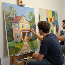 two artists painting on a canvas, one paints a beautiful house, the other paints abstract art, by greg rutkowski, matte painting, light study, artstation