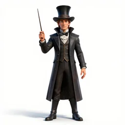 heroic magician with top hat and wand, detailed 3d character render, full body, standing, isolated on a pure white background, centered, whole figure in frame, sharp focus, studio lighting