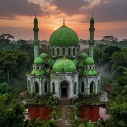 abandoned green smooth concrete islamic church, surrounded by lush green forest and red ponds of water, stunning volumetric lighting, sundown, stunning skies, trending on Artstation, 8k, photorealistic, hyper detailed, unreal engine 5, IMAX quality, cinematic, epic lighting, cryengine, octane render, gloomy, foggy, dark