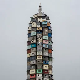 high towers, made up of stacked makeshift squatter shacks with faded colours, plain uniform sky at the back, uneven fog, mamiya, ultra sharp, very detailed, photographed by julie blackmon