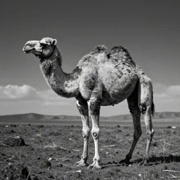robotic camel alone in a field, a high contrast hyper detailed black and white studio portrait photo, shot in area x from the movie annihilation, by beau brashares, pinhole photography