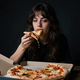 A dark, brooding young woman eating a delicious pizza, studio portrait, dramatic lighting, trending on artstation