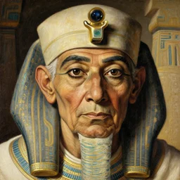 a closer personal portrait of a a very old egyptian temple priest with very piercing eyes, very charismatic. in ancient egypt. masterpiece, ciaroscuro. painted by carl larsson