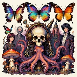 artwork by hp lovecraft, h. r. giger, aaron horkey, amanda sage, alex grey, frank stella and akira toriyama. butterflies, vibrant, dmt, skull, tentacle, octopus, mushroom, fungi, bio - mechanical, steampunk, horror, design. artstation, trending, uhd, 4 k, detailed, award - winning.