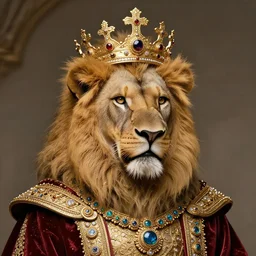 a lion emperor adorned in jewels. hyper realistic, king, gold crown, portrait