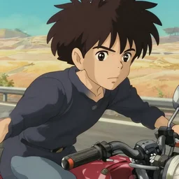 cinematic close up of a person riding a motorcycle on a road near to a desert, delicate features finely detailed perfect art, gapmoe yandere grimdark, trending on pixiv fanbox, painted by greg rutkowski makoto shinkai takashi takeuchi studio ghibli