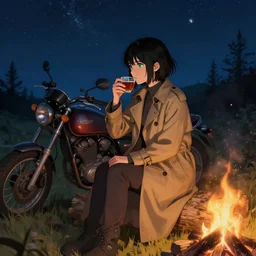 A girl from Final Fantasy live action, with short black hair and green eyes in a tan trenchcoat sitting on a log and drinking tea by the campfire by her motorcycle at night under the stars, evocative, mystical night, very very very very detailed, award winning, masterpiece digital painting by Greg Rutkowski, Alex Grey, artstation, 4k wallpaper