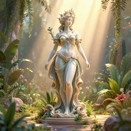 baroque vaporwave statue, high detail, rendered in unreal engine, 3d render, god rays, volumetric lighting, award winning, vegetation, mark Ryden, oasis