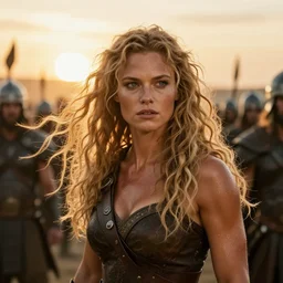 epic photo of muscular jessica biel as beautiful barbarian warrior queen with long curly blonde hair blowing in the wind in a battle scene,, thousand warriors behind her in the background, sweaty, detailed eyes, neutral expression, shallow depth of field, photorealistic, cinematic lighting, lovely bokeh, warm colours, sunset south, strong rim light, movie quality, willow 1 9 8 5, movie still