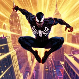 anime key visual concept art of, marvel venom swinging across, new york city, in spider - man into the spider - verse ( 2 0 1 8 ) film, golden rays, by alberto mielgo, 6 0's french movie poster, vivid colors, anaglyph, dynamic composition