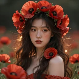 Illustration of a beautiful asian girl with freckles, wearing a flower headpiece made of red poppies, long flowy hair, surrounded by big flowers, porcelain skin, cinematic lighting, photo realistic, cinematic lighting, bokeh, warm lights, highly detailed, maya, digital painting, artstation, concept art, sharp focus, illustration, by Mucha