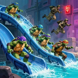 ninja turtles escape and two military ( american uniform ) ran to sound the alarm and all the turtles began to descend the water slides, style cyberpunk, 4 k,