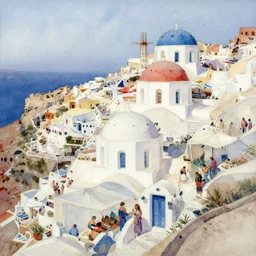 busy santorini, impressionistic watercolor painting by alvaro castagnet, john singer sargent