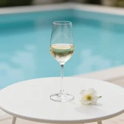 5 5 mm photo of tall glass of whitewineglass with flower on a zen minimalist round white table with gorgeous pool in the background. highly detailed 8 k. intricate. lifelike. soft light,